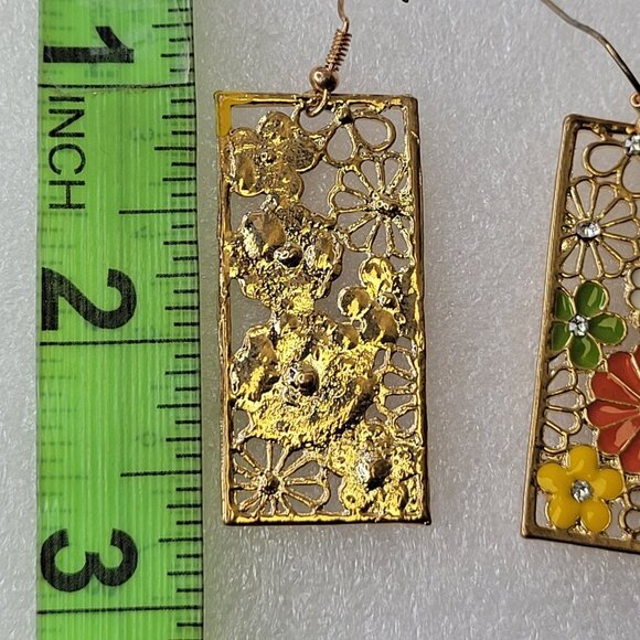 Rectangular Floral Earrings Filigree style with Multicolored flowers - Picture 8 of 12